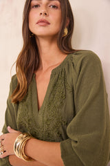 DELICATE OLIVE FLORAL EMBROIDERY BLOUSE