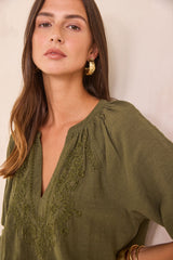 DELICATE OLIVE FLORAL EMBROIDERY BLOUSE