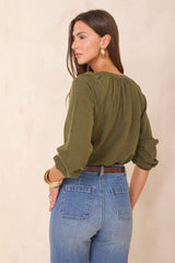 DELICATE OLIVE FLORAL EMBROIDERY BLOUSE