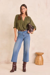 DELICATE OLIVE FLORAL EMBROIDERY BLOUSE