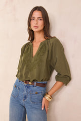 DELICATE OLIVE FLORAL EMBROIDERY BLOUSE