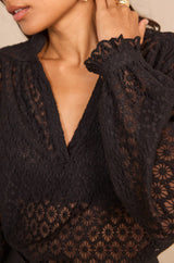 DANIELA BLACK V-NECK EMBROIDERED COTTON BLOUSE