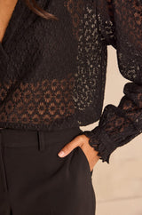 DANIELA BLACK V-NECK EMBROIDERED COTTON BLOUSE