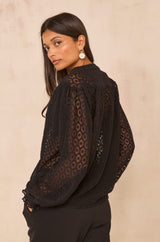 DANIELA BLACK V-NECK EMBROIDERED COTTON BLOUSE