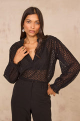 DANIELA BLACK V-NECK EMBROIDERED COTTON BLOUSE