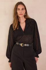 DANIELA BLACK V-NECK EMBROIDERED COTTON BLOUSE