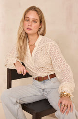 DANIELA CREAM V-NECK EMBROIDERED COTTON BLOUSE