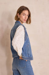 VANESSA SLEEVELESS BRAIDED DENIM JACKET