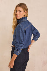 DENISE RUFFLED COLLAR DENIM BLOUSE