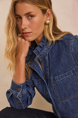 DENISE RUFFLED COLLAR DENIM BLOUSE