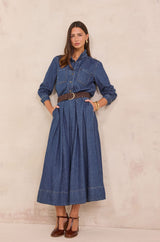 OXANE PLEATED DENIM MIDI SKIRT