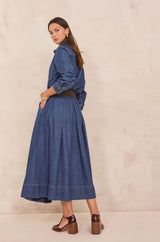 OXANE PLEATED DENIM MIDI SKIRT