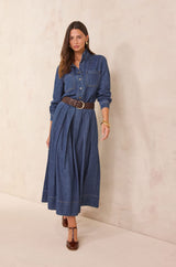 OXANE PLEATED DENIM MIDI SKIRT