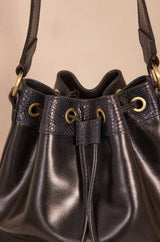 VALENTIN BLACK LEATHER BUCKET BAG