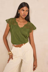 LILOU GREEN EMBROIDERED COTTON TOP