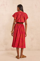 BROWN PRINTED FLUID MIDI COTTON SKIRT