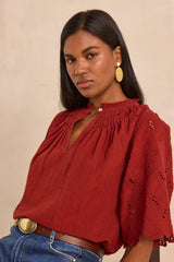 MASHA BRICK 3/4 SLEEVE EMBROIDERED COTTON BLOUSE