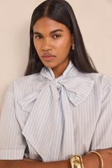 DARINE BOW TIE COLLAR STRIPED COTTON BLOUSE
