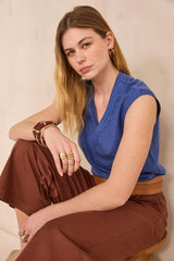 LYNA ROYAL BLUE LINEN BLEND SLEEVELESS T-SHIRT
