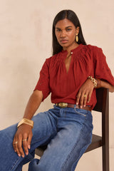 MASHA BRICK 3/4 SLEEVE EMBROIDERED COTTON BLOUSE