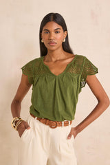 LILOU GREEN EMBROIDERED COTTON TOP
