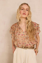 SCARLET SLEEVELESS RUFFLED PRINTED TOP