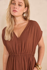 BLOOM CARAMEL STRAIGHT FLUID DRESS