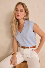LYNA SKY BLUE LINEN BLEND SLEEVELESS T-SHIRT