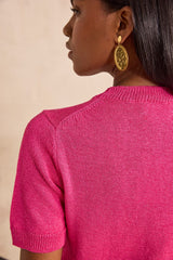 AMANDA FUCHSIA SHORT SLEEVE COTTON BLEND SWEATER