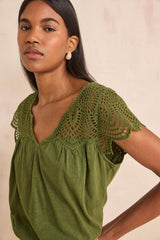 LILOU GREEN EMBROIDERED COTTON TOP