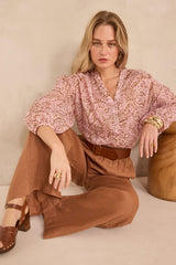 DEVONA LONG-SLEEVE PRINTED COTTON BLOUSE
