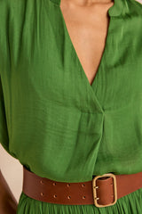PHANY GREEN SATIN SHORT-SLEEVED TOP