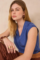 LYNA ROYAL BLUE LINEN BLEND SLEEVELESS T-SHIRT