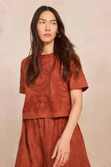 DOLORES BRICK EMBROIDERED SHORT-SLEEVE BLOUSE