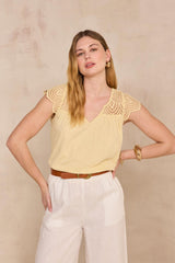 LILOU LEMON EMBROIDERED COTTON TOP