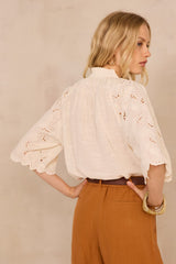 MASHA CREAM 3/4 SLEEVE EMBROIDERED COTTON BLOUSE