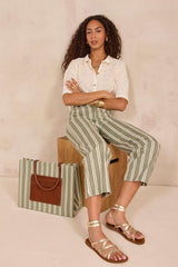 ROSE KAKI STRIPED CROPPED WIDE-LEG TROUSERS