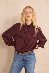 MAY EGGPLANT HIGH-NECK SATIN BLOUSE