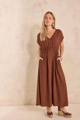 BLOOM CARAMEL STRAIGHT FLUID DRESS