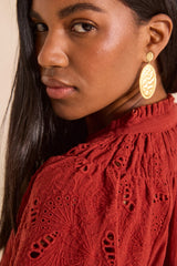 MASHA BRICK 3/4 SLEEVE EMBROIDERED COTTON BLOUSE