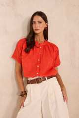 DEVIKA CORAL SHORT SLEEVE COTTON BLEND BLOUSE