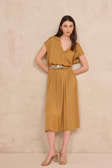 CRYSTAL OCHRE PLEATED MIDI SKIRT
