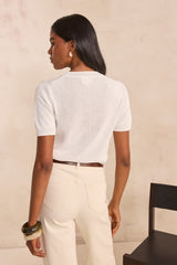 AMANDA ECRU SHORT SLEEVE COTTON BLEND SWEATER