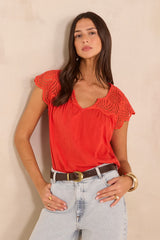 LILOU GERANIUM EMBROIDERED COTTON TOP