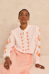 DANTESSE EMBROIDERED LONG-SLEEVE COTTON BLOUSE
