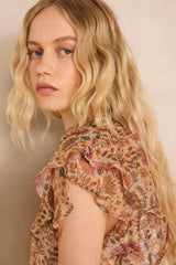 SCARLET SLEEVELESS RUFFLED PRINTED TOP