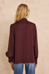 MAY EGGPLANT HIGH-NECK SATIN BLOUSE