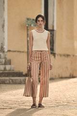 ROSE TOFFEE STRIPED CROPPED WIDE-LEG TROUSERS