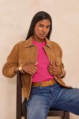 AMANDA FUCHSIA SHORT SLEEVE COTTON BLEND SWEATER