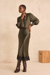 ODILE KHAKI STRAIGHT SKIRT WITH LACE